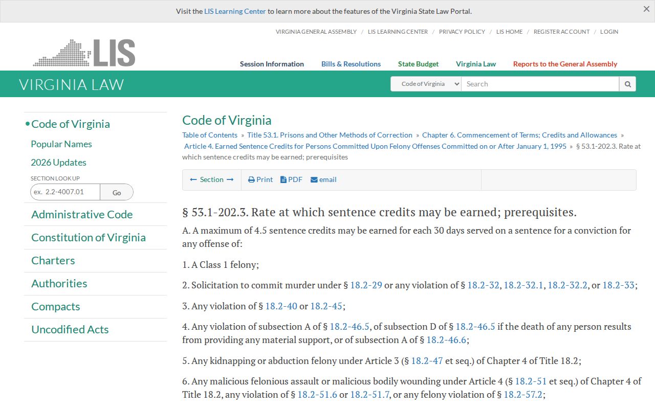 Virginia earned sentence credit rates for Nelson County projected release dates