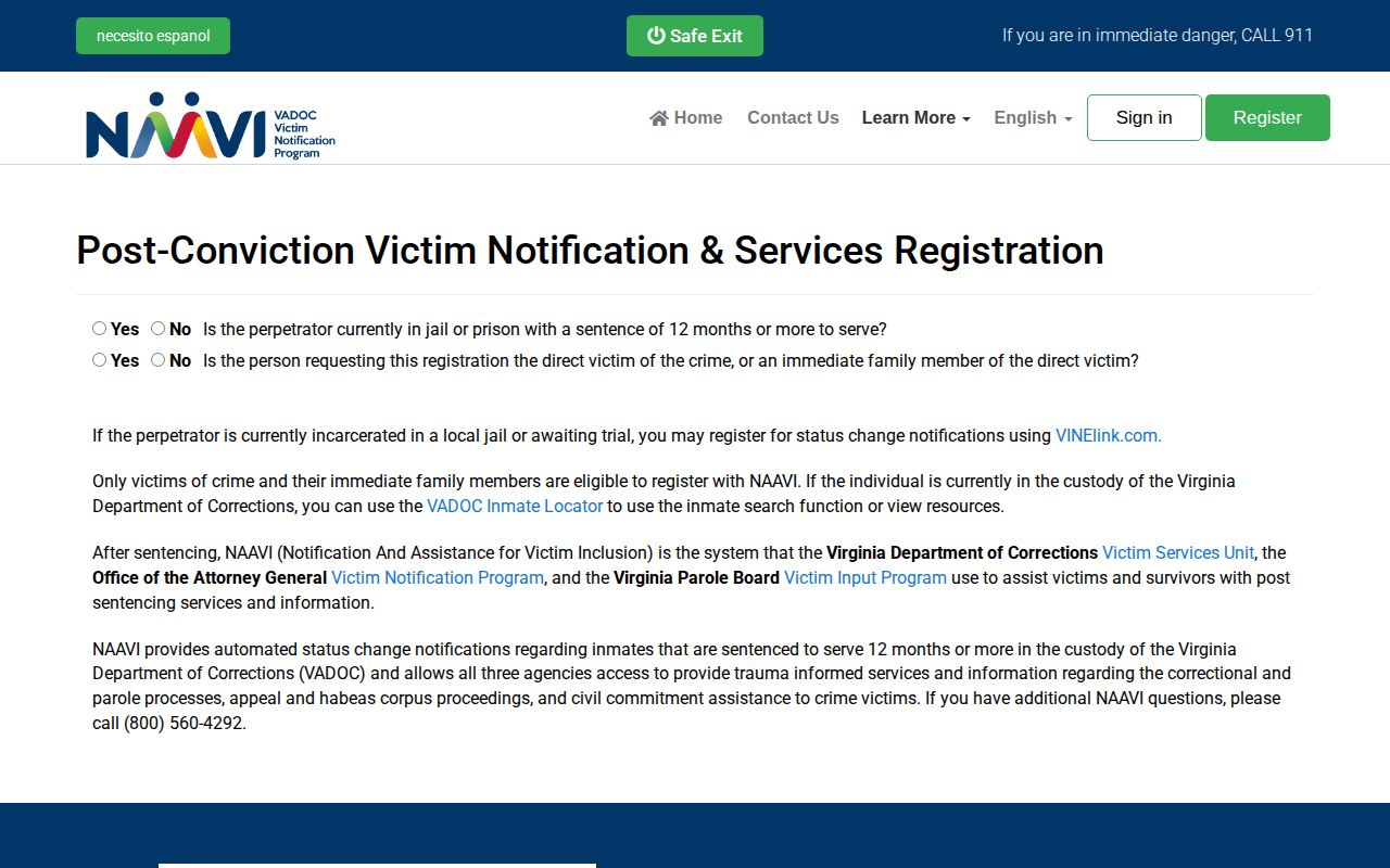 Nelson County state custody release alert registration through VADOC NAAVI